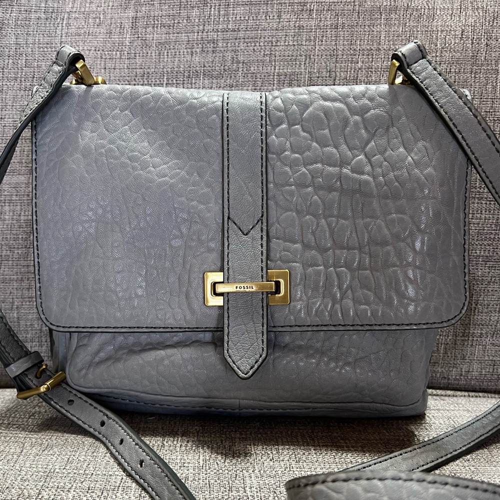Fossil Gray Leather Crossbody Bag
